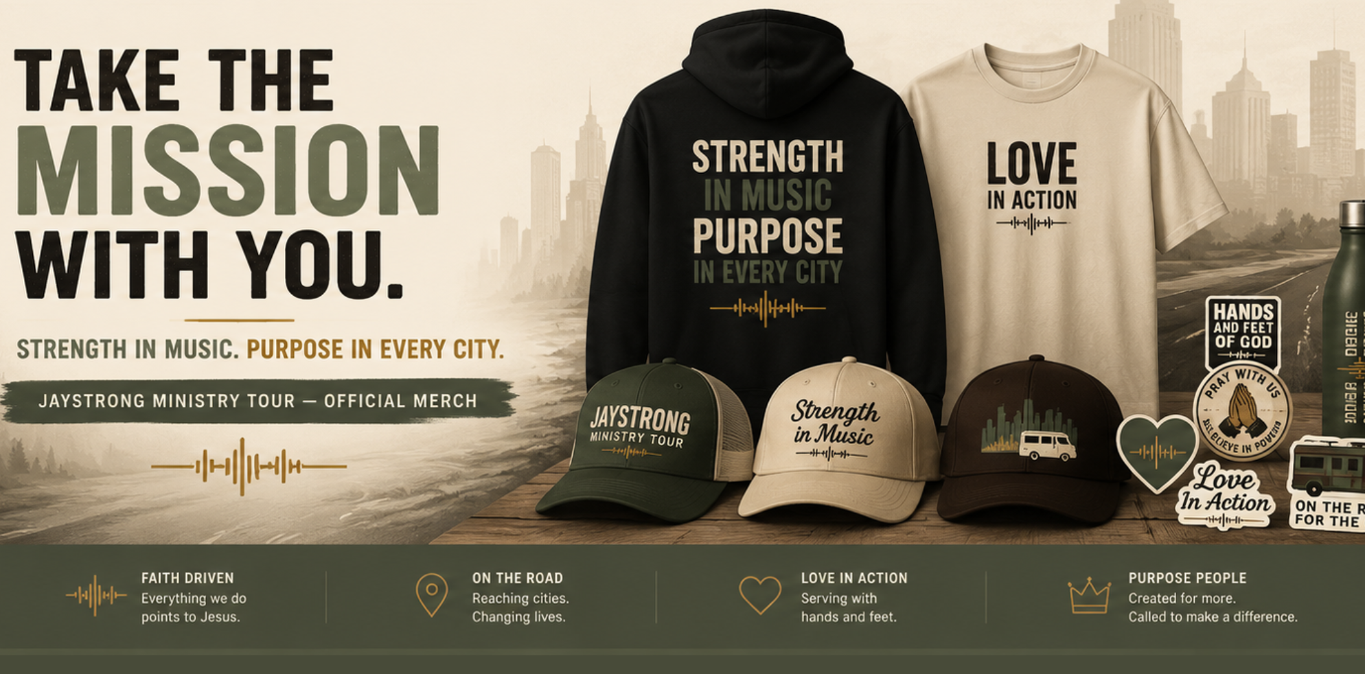 Official merchandise display for the JAYSTRONG Ministry Tour, featuring a black hoodie, a cream t-shirt, and multiple matching baseball caps with tour-themed graphics, set against a city skyline background with promotional text.